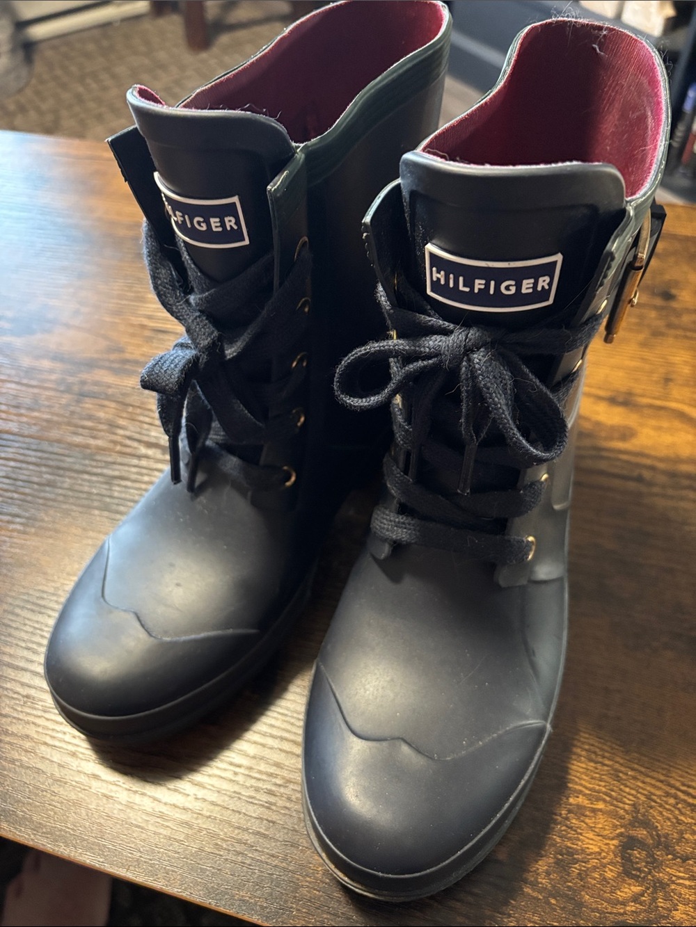 Tommy Hilfiger Tonier Black Lace-Up Rain Boots with Burgundy Lining